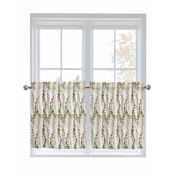 Green Pink Weeping Eucalyptus 2 Panel Kitchen Curtains for Small Windows, Spring Summer Farmhouse Leaves Bathroom Tier Curtain, Short Window Treatment for Bedroom/Living Room 55"x24"