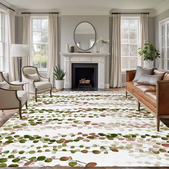 Green Pink Weeping Eucalyptus Area Rugs 8'x10', Small Throw Rugs for Living Room Patio, Spring Summer Farmhouse Leaves Indoor Outdoor Rug Non-Slip Low Pile Carpet Runner Reversible Floor Mats