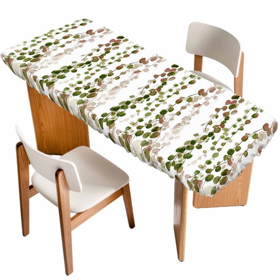 Green Pink Weeping Eucalyptus Table Cloths for 8 Foot Rectangle Tables, Spring Summer Farmhouse Leaves Patio Waterproof Elastic Fitted Tablecloths, Washable Rectangular Table Cover for Camping