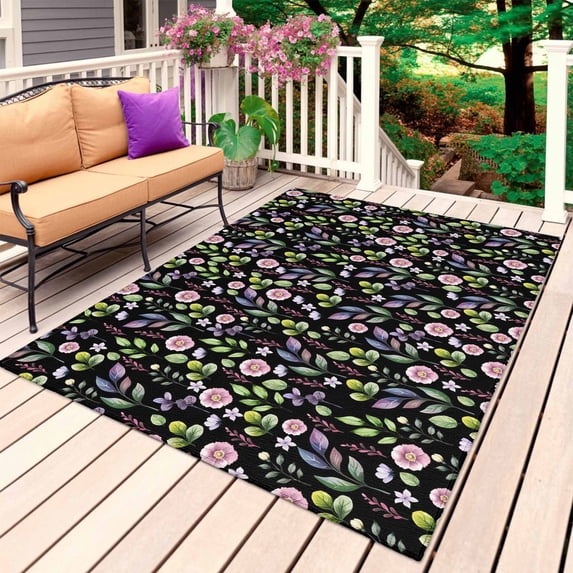 Green Pink Wildflowers Outdoor Rug for Patio/Deck/Porch, Non-Slip Large Area Rug 5 x 8 Ft, Pastoral Botanical Leaves Indoor Outdoor Rugs Washable Area Rugs, Reversible Camping Rug Carpet Runner
