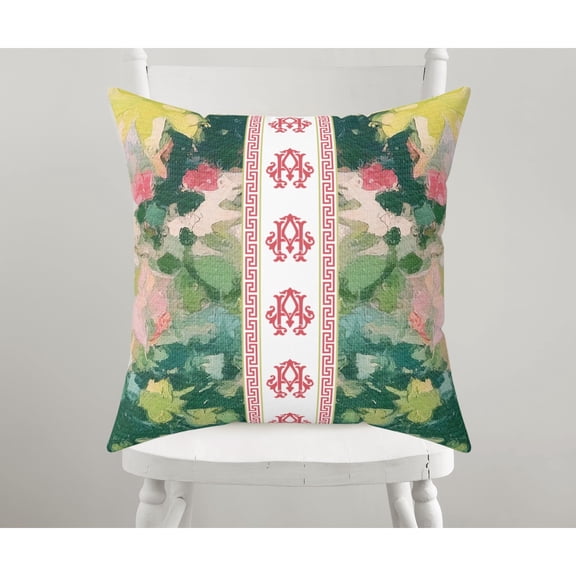 Green Pink and Yellow Botanical Floral Monogram Square Pillow Case, 100% Polyester Velvet, Greek Key Border