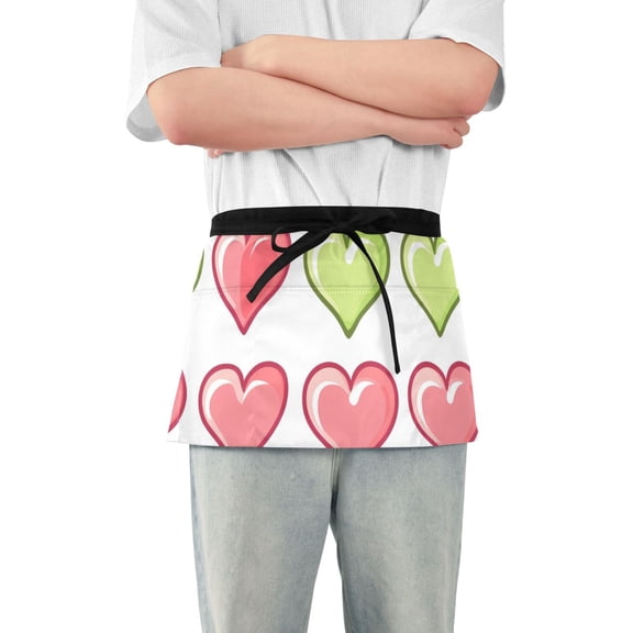 Green Pinkish Hearts Valentine Short Server Apron with 3 Pockets for Unisex Chef Gardening