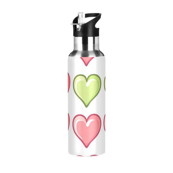Green Pinkish Hearts Valentine Sports Bottle with Straw Stainless Steel Water Jug Portable Thermal Cup Leak-proof 1000ML