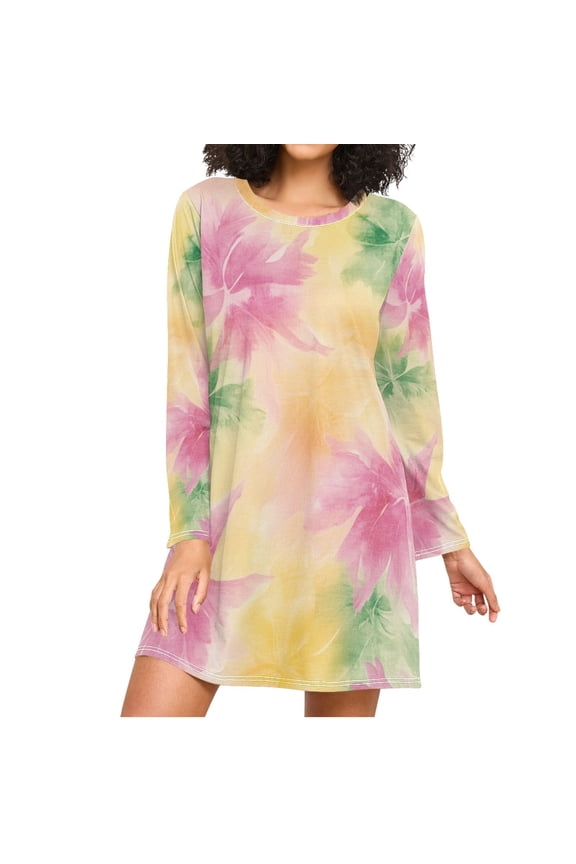 Green Pinkish Yellow Tie Dye Flowers Women's Long Sleeves Nightgowns Sleepwear Soft Pajama A-line Sleep Dress S