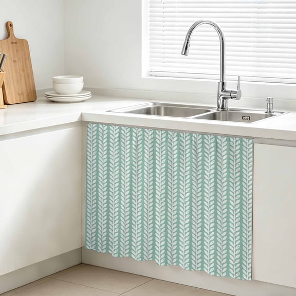 Green Pinstripes Cabinet Curtains for Kitchen 11"W x 13"L, Coastal Nautical White Leaf Stripes Vanity Cabinet Curtains Magic Tape Short Curtain Decor Privacy Panel for Bathroom Laundry