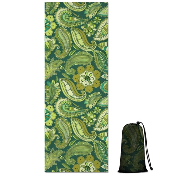 Green Pioneer Flower and Paisley Pattern Hot Yoga Mat Towel Non Slip for Hot Yoga - Quick-Drying Yoga Mat Cover with 4 Corner Pockets with Travel Bag - Hot Yoga Towel Non Slip 70"x26"