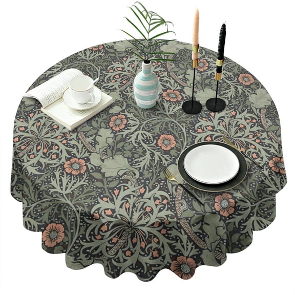 Green Pioneer Flower Pattern Round Tablecloth 60"x60",Wrinkle Wipeable Table Cloth for Kitchen Dining Room Picnic Patio Party