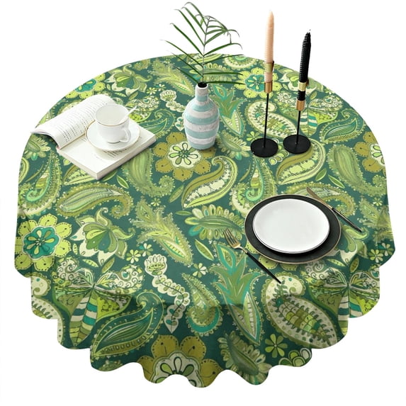 Green Pioneer Flower and Paisley Pattern Round Tablecloth 60"x60",Wrinkle Wipeable Table Cloth for Kitchen Dining Room Picnic Patio Party
