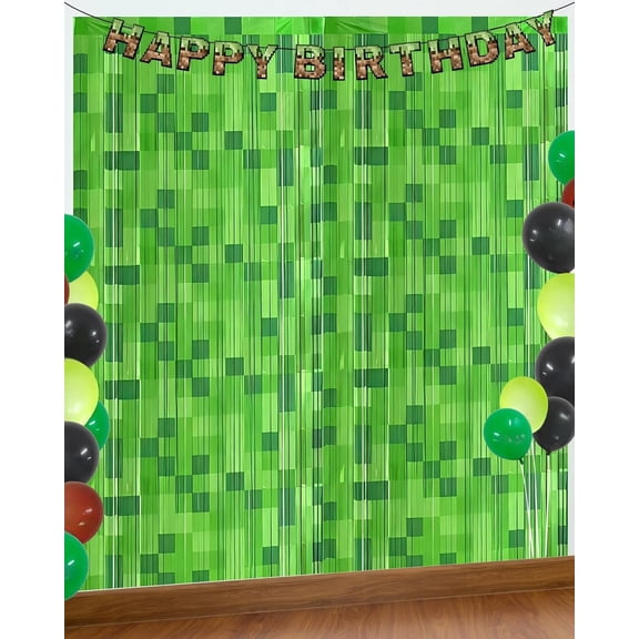 Green Pixel Miner Foil Fringe Curtains - 2 Pack 3.3x6.6ft Metallic Video Game Birthday Photo Booth Backdrop, Door Streamers for Gamer Party Decorations & Room Wall Decor