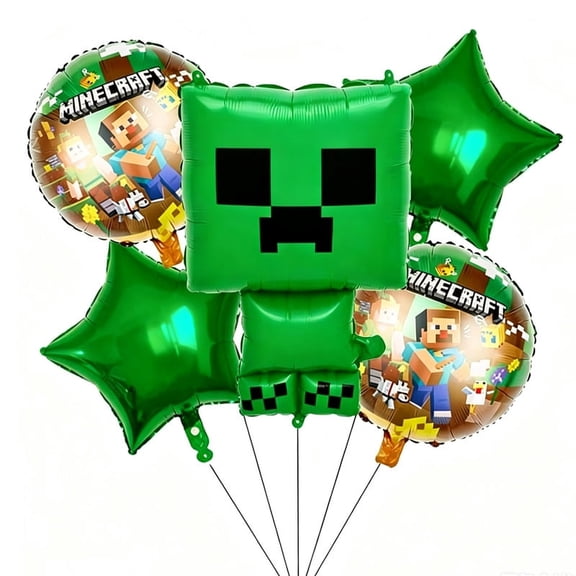 Green Pixel Monster Foil Balloon 5PCS Set with Star Mylar Balloons, 8-Bit Retro Style for Game Room & Party Decor