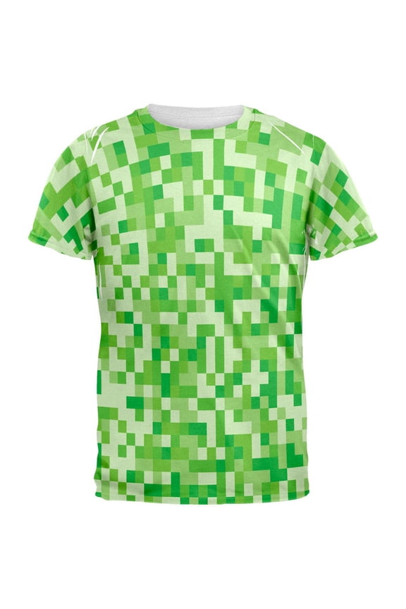 Green Pixels All Over Adult T-Shirt - Small