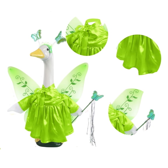 Green Pixie Fairy Costume for 23" Porch Goose Statue, Magical Outfit Set with Dress, Wings, Wand & Headband for Yard Patio Decor