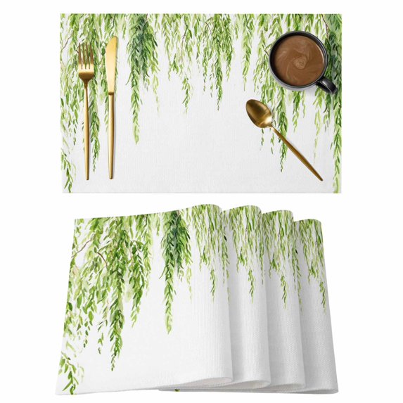 Green Placemats Set of 6, Summer Botanical Leaves Watercolor Placemats for Dining Table, Place Mats for Kitchen Tabletop, Waterproof Wipeable Dining Table Mats Set