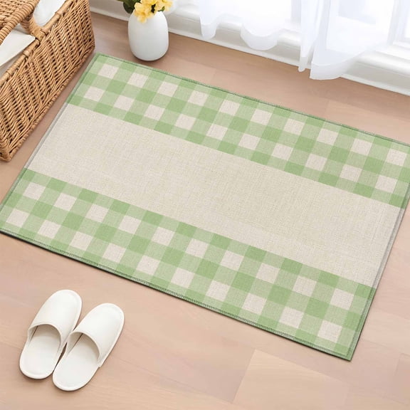 Green Plaid 2'x3' Rug for Entryway Front Door Kitchen Sink Area, Retro Country Green Plaid Linen Texture Low Pile Non Slip Rectangle Area Rug, Machine Washable Indoor Outdoor Mat