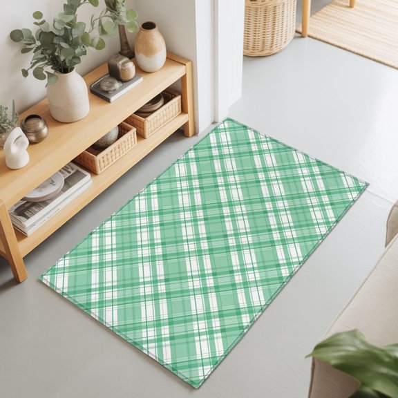 Green Plaid 2'x3' Rug for Entryway Front Door Kitchen Sink Area, White Stripes Spring Modern Mint Green Grids Low Pile Washable Non Slip Rectangle Area Rug