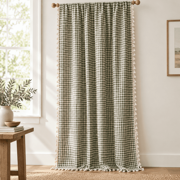 Green Plaid 55"W x 84"L (Pack of 1) Cotton Linen Blend Gingham Tassel Farmhouse Curtain Panel