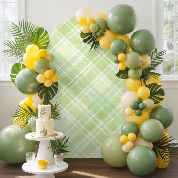 Green Plaid Arch Backdrop Cover, 5FT, Rustic Farmhouse Abstract Spandex Arch Covers Double-Sided Backdrop for Wedding Birthday Party Photo Background Decoration