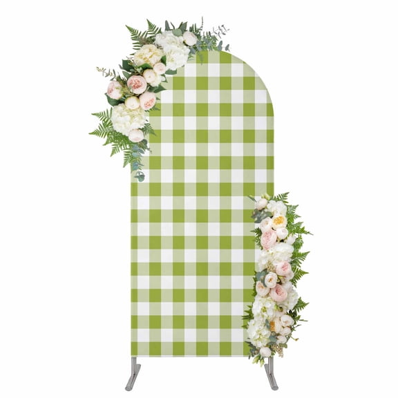 Green Plaid Arch Backdrop Cover, Spandex Fitted Wedding Arch Cover, Gradient Geometric Buffalo White Checkered Round Top Stand Covers for Birthday Ceremony Bridal Shower Party Decor 4x1.65 Ft