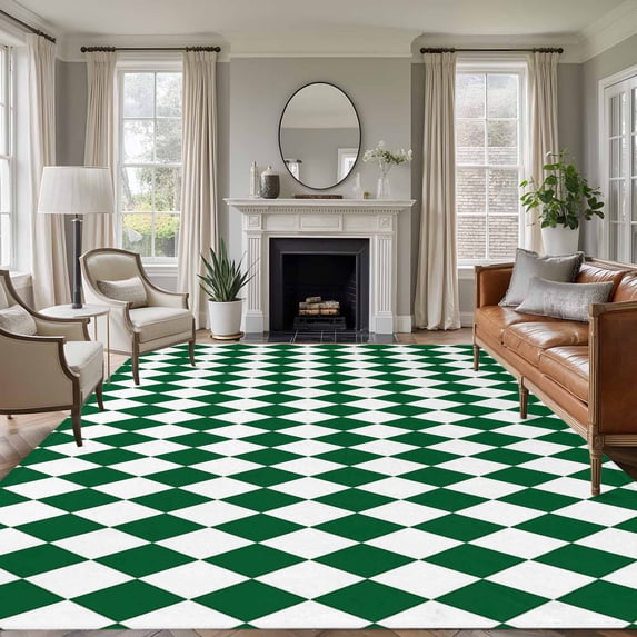 Green Plaid Area Rugs 5'x8', Washable Small Throw Rugs for Classroom Bedroom, Modern Minimalist Geometric Gingham Checkered Indoor Outdoor Rug Non-Slip Low Pile Carpet Runner Reversible Floor Mats
