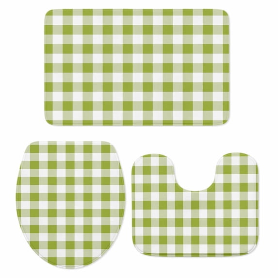Green Plaid Bath Mat 3 Piece Bathroom Rug Set, Gradient Geometric Buffalo White Checkered Non Slip Bath Rug Contour Mat and Toilet Lid Cover, Absorbent Shower Mats Soft Bath Rugs and Mats Sets