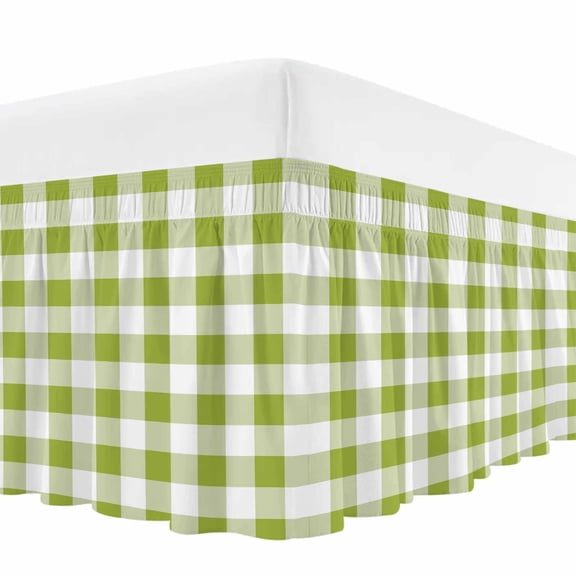 Green Plaid Bed Skirt King Size, Gradient Geometric Buffalo White Checkered Wrap Around Bed Skirting with Adjustable Elastic Strap, Dust Ruffle Pleated Bedskirts 16 Inch Drop for Bedroom King Beds