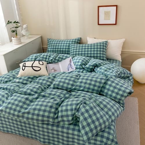 Green Plaid Bedding Set Queen 3 Pieces Denim Blue Checkered Duvet Cover with Zipper Ties 2 Pillowcases 100% Washed Cotton Luxury Soft Breathable Durable