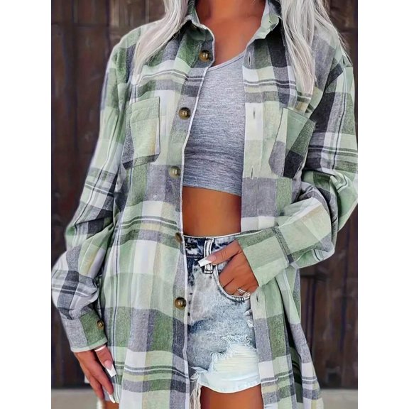 Green Plaid Button-Down Pocket Long Sleeve Casual Shirt, Plaid Button-Front Pocket Long Sleeve Top For Daily Wear Spring Vacation