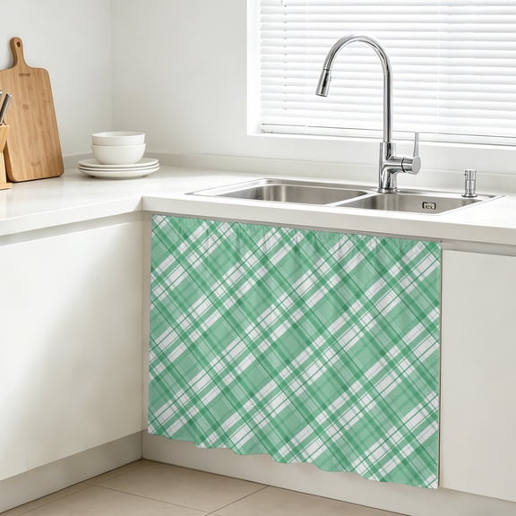 Green Plaid Cabinet Curtains for Kitchen 10"W x 11"L, White Stripes Spring Modern Mint Green Grids Under Sink Skirt Magic Tape Short Curtain Decorative Privacy Panel for Bathroom Laundry