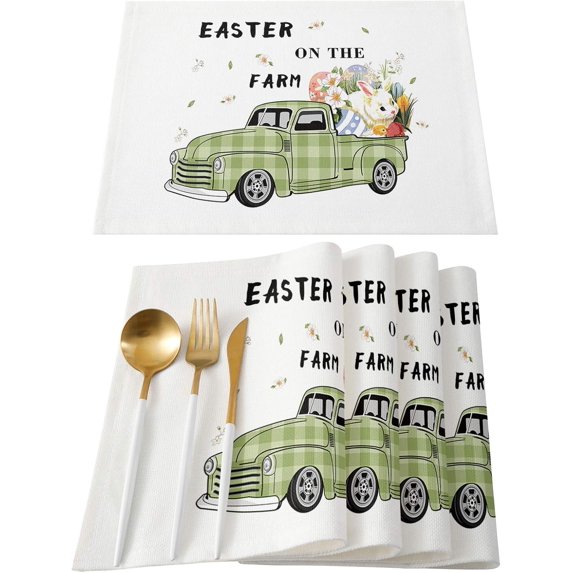 Green Plaid Car with Rabbit Eggs Happy Easter on The Farm Heat Resistant Placemats Set of 4 for Dining Table,Washable Placemat Non-Slip Kitchen Table Mats Easy to Clean