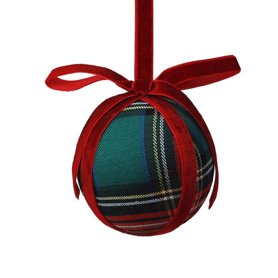Green Plaid Christmas Ball Ornament with Red Velvet Bow, 3.1 Inch Foam Hanging Decoration for Christmas Tree Decor