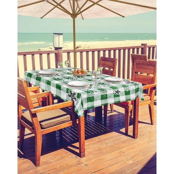 Green Plaid Christmas Outdoor Tablecloth - 60x120 Inch Rectangle Dining Table Cover, Xmas Snowflake Merry Christmas Waterproof Outdoor Table Cloth with Umbrella Hole & Zipper for Picnic