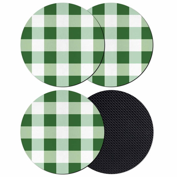 Green Plaid Coasters Set of 4, Spring Summer Farmhouse Buffalo Checkered Absorbent Coasters for Drinks, Coaster for Bar Office Dining Coffee Table Accessories Decor, Non Slip Round Desk Coaster