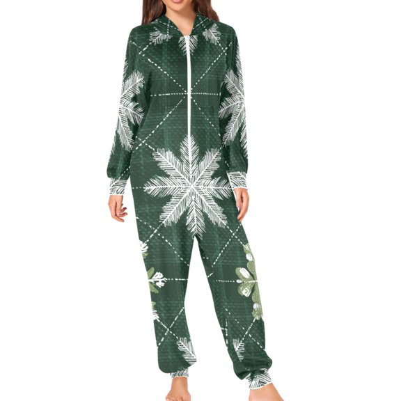 Green Plaid Different Snowflake Christmas Adult's Hoodie Onesie Jumpsuit One-Piece Pajamas with Zipper Unisex for Holiday M