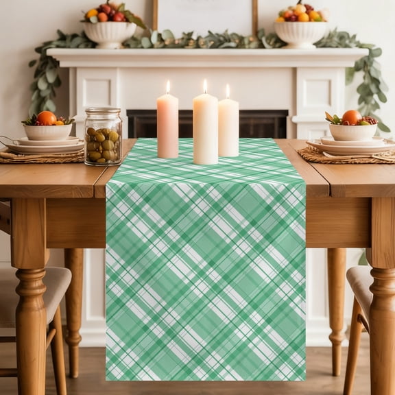 Green Plaid Dining Table Runner, White Stripes Spring Modern Mint Green Grids Washable Table Runners Kitchen Coffee Table Center Decor for Home Party Holiday Wedding 13 x 36 Inches