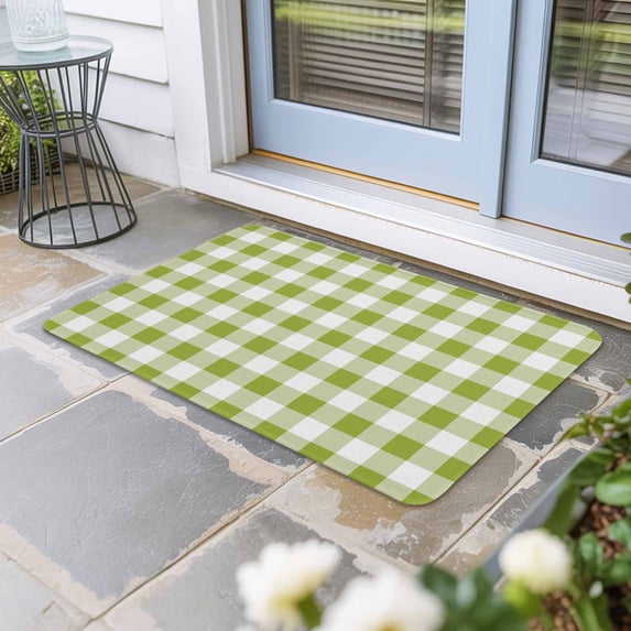 Green Plaid Door Mat Indoor Outdoor,Gradient Geometric Buffalo White Checkered Non Slip Welcome Mat with Rubber Backing,Absorbent Fabric Front Door Mats Entryway Rug for Home Patio Entrance 20"x31.5"