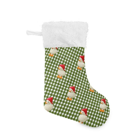 Green Plaid Duck with Christmas Hats Christmas Stockings Large Capacity 18 inch Gift Bag with Hook Xmas Holiday Decor 1 Pack
