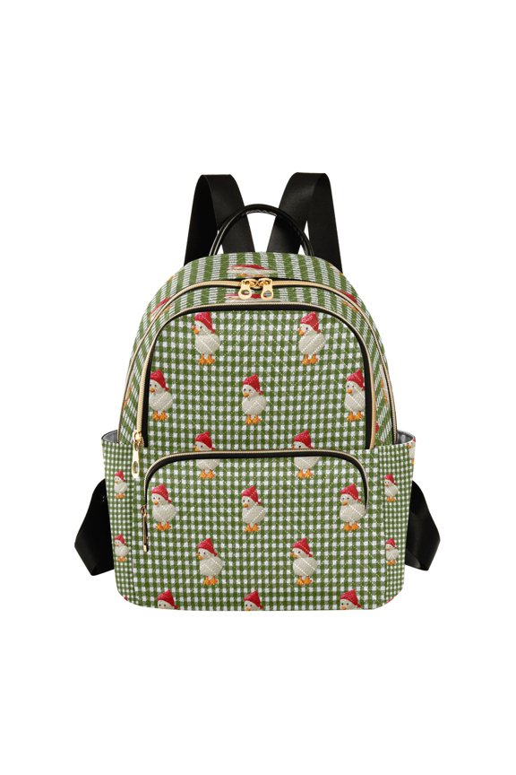 Green Plaid Duck with Christmas Hats Quilted Backpack Fashion Daypack Commuter Bag for Women 8.5 L