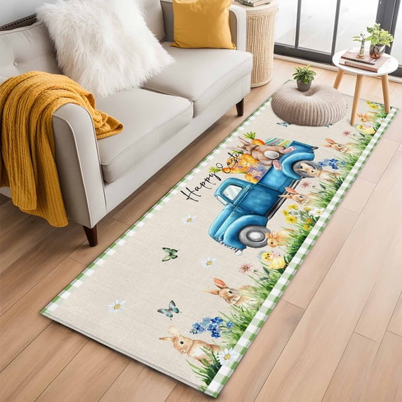 Green Plaid Easter 2'x6' Runner Rugs for Hallway Kitchen Bedside Non Slip Washable, Blue Truck Spring Floral Bunny Rustic Entryway Rug Runners with Rubber Backing, Long Carpet Runner for Laundry Room