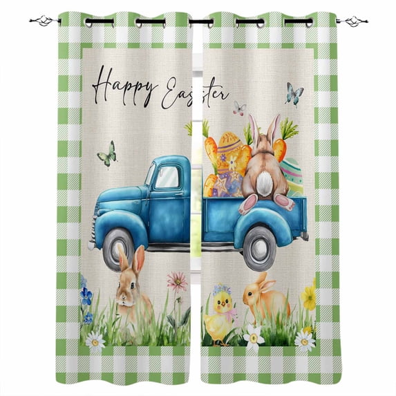 Green Plaid Easter Blackout Curtains for Bedroom Living Room Darkening Curtains 54 Inch Long Blue Truck Spring Floral Bunny Rustic Short Curtain for Small Window Treatment Grommet Drapes 42"x54"x2