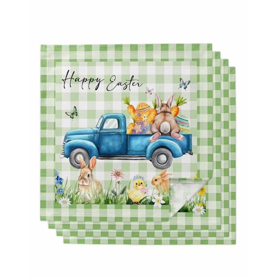 Green Plaid Easter Cloth Napkins Set of 4 Reusable Dinner Napkins, Blue Truck Spring Floral Bunny Animals Cocktail Napkin Washable Table Napkins for Wedding/Holiday Party/Baby Shower 20"x20"