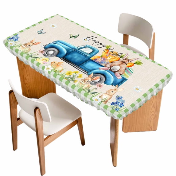 Green Plaid Easter Table Cloths for 4 Foot Rectangle Tables, Blue Truck Spring Floral Bunny Rustic Patio Waterproof Elastic Fitted Tablecloths, Washable Rectangular Table Cover for Camping