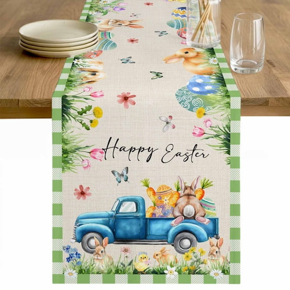 Green Plaid Easter Table Runner - 60 Inch Long Blue Truck Spring Floral Bunny Rustic Cotton and Linen Blended Dress Scarves Farmhouse Table Runner for Kitchen Dining, Coffee Table, 13" x 60"