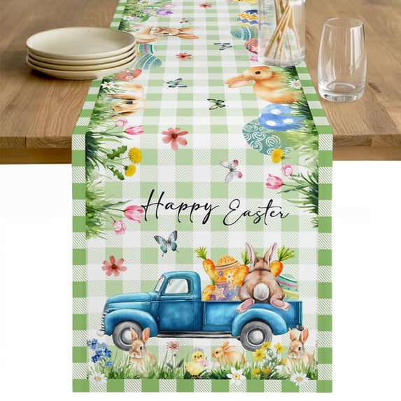 Green Plaid Easter Table Runner 60 Inches Long Farmhouse Dress Scarves, Blue Truck Spring Floral Bunny Animals Dining Tablerunner for Coffee Table/Kitchen Island/Party Décor, 13" x 60"