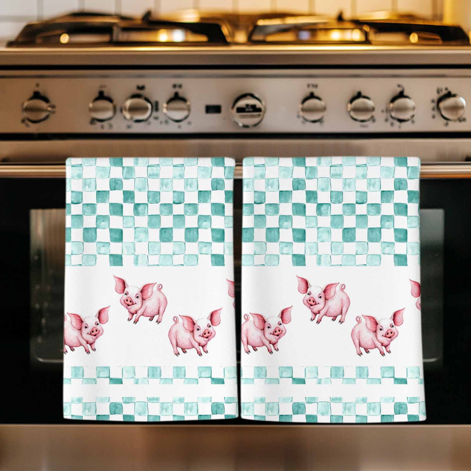 Green Plaid Farmhouse Kitchen Towels Set of 1, Watercolor Cute Country Pigs Checkered Absorbent Dish Towels for Kitchen, Microfiber Hand Towel, Quick Drying Tea Towel for Cleaning Dishcloths