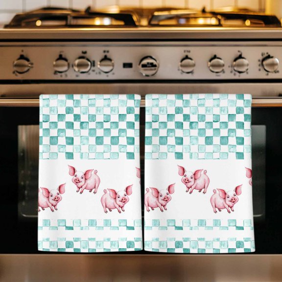 Green Plaid Farmhouse Kitchen Towels Set of 2, Watercolor Cute Country Pigs Checkered Absorbent Dish Towels for Kitchen, Microfiber Hand Towel, Quick Drying Tea Towel for Cleaning Dishcloths