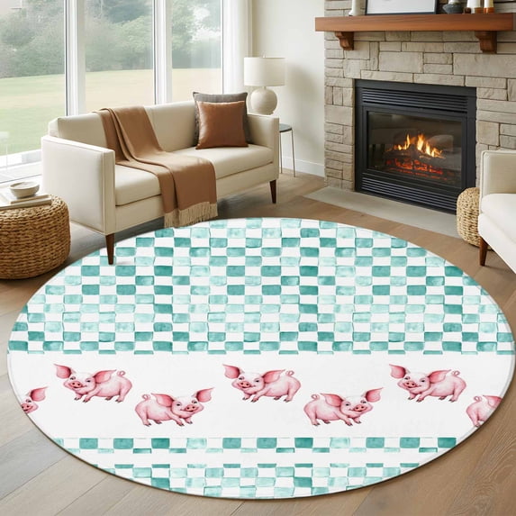 Green Plaid Farmhouse Round Area Rug 6Ft Washable Circle Rugs for Bathroom Office, Watercolor Cute Country Pigs Checkered Non-Slip Carpet Floor Mats Indoor Outdoor Carpet Runner Aesthetic Home Decor