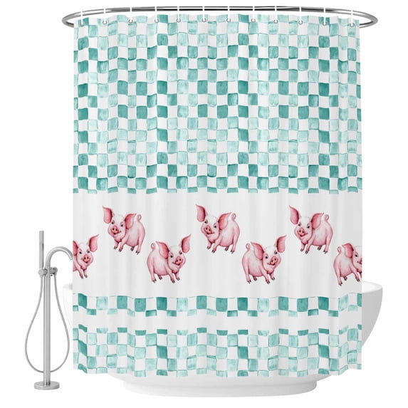 Green Plaid Farmhouse Shower Curtain, Waterproof Shower Curtains for Bathroom, Watercolor Cute Country Pigs Checkered Washable Fabric Bathtub Curtain Set Bath Decor with 12 Hooks Stall 36"x72"