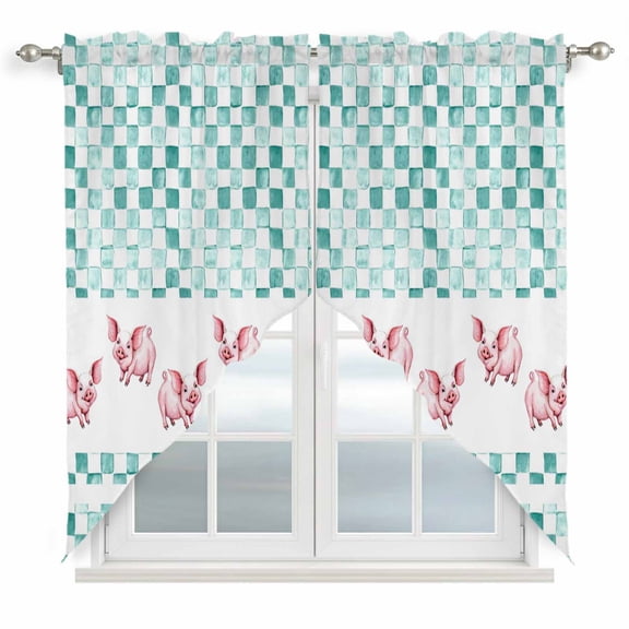 Green Plaid Farmhouse Swag Valances for Windows 2 Pack, Kitchen Window Curtains 36 Inch Length, Watercolor Cute Country Pigs Checkered Privacy Swag Curtains for Living Room/Bathroom 36"x36"
