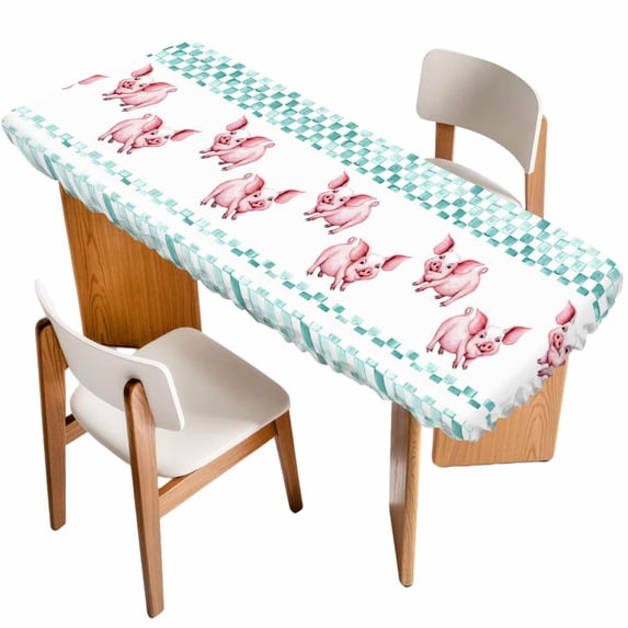 Green Plaid Farmhouse Table Cloths for 8 Foot Rectangle Tables, Watercolor Cute Country Pigs Checkered Patio Waterproof Elastic Fitted Tablecloths, Washable Rectangular Table Cover for Camping