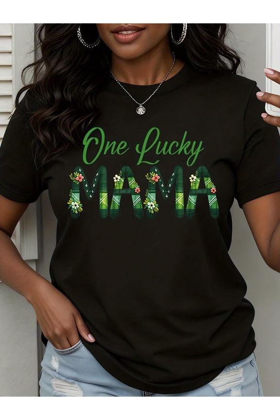 Green Plaid Floral Lucky Mama Women Mother's Day Gift Short Sleeve Casual T-Shirt